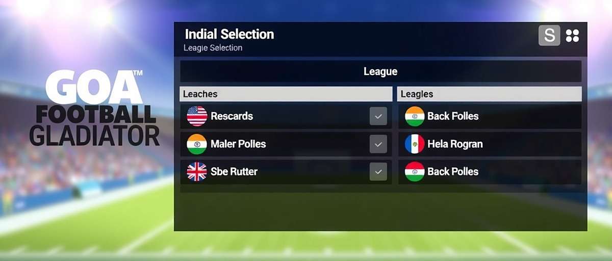 Goa Football Gladiator league selection screen showing various Indian football leagues